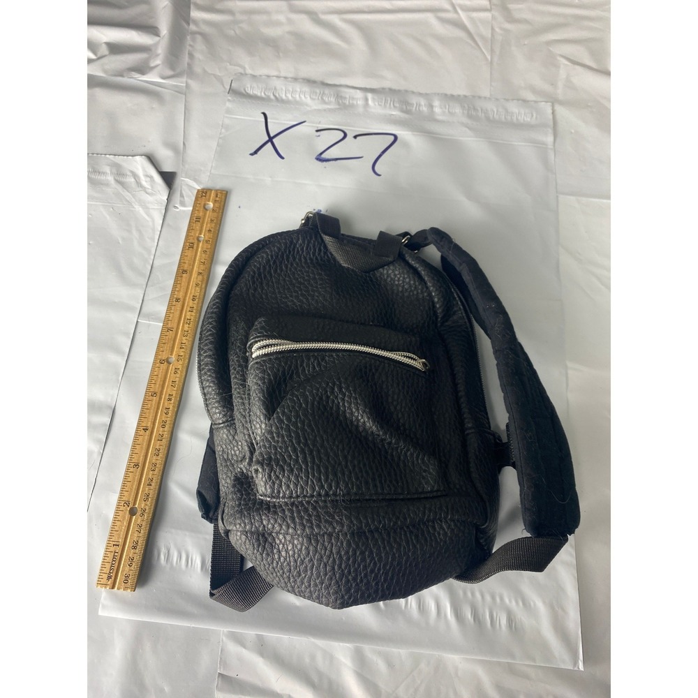 Black‎ Pebbled Faux Leather Mini Backpack Adjustable Straps Silver Hardware
